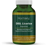 Harmony Nutraceuticals DGL Regaliz Supremo, botella frontal, soporte digestivo suave.