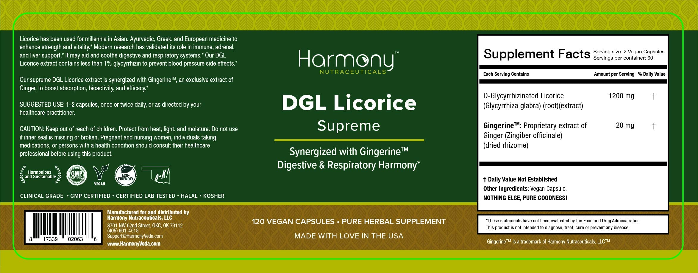 Harmony Nutraceuticals DGL Regaliz Supremo, cápsulas cercanas, formato vegano práctico para uso diario.
