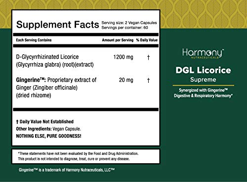 Harmony Nutraceuticals DGL Regaliz Supremo, etiqueta legible, cultivo orgánico y pruebas de pureza.