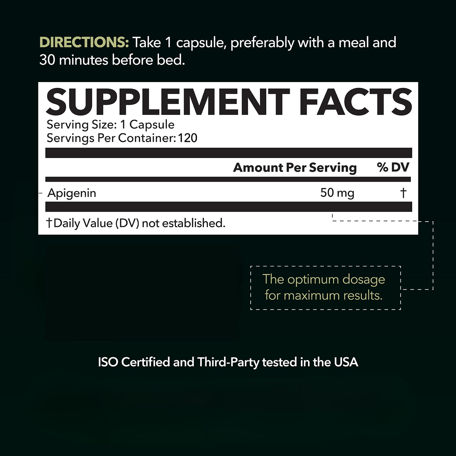 HAVASU NUTRITION Apigenin cápsulas, etiqueta-detalle, mejora absorción liposomal para mayor eficacia.