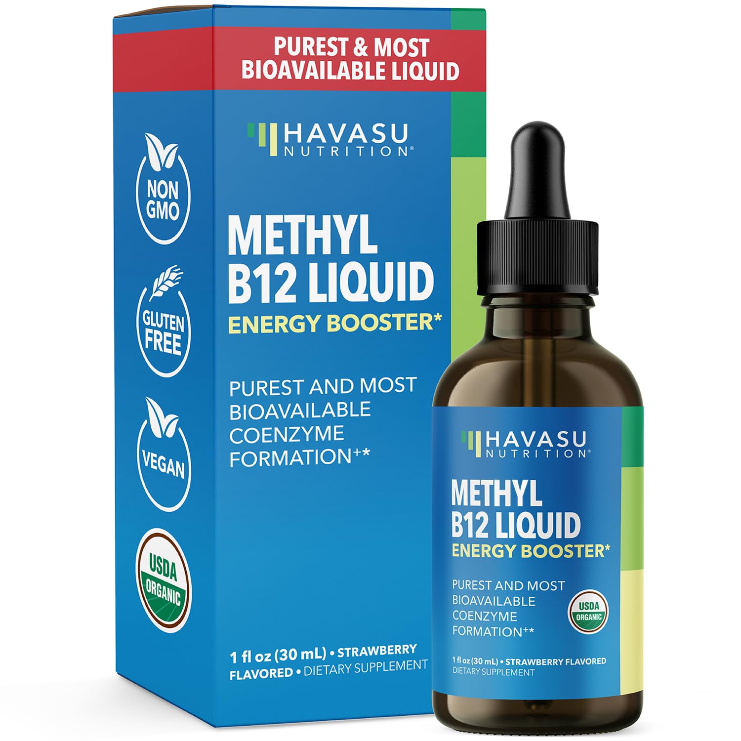 HAVASU NUTRITION B12 líquido frambuesa, botella de 1 oz para energía diaria.