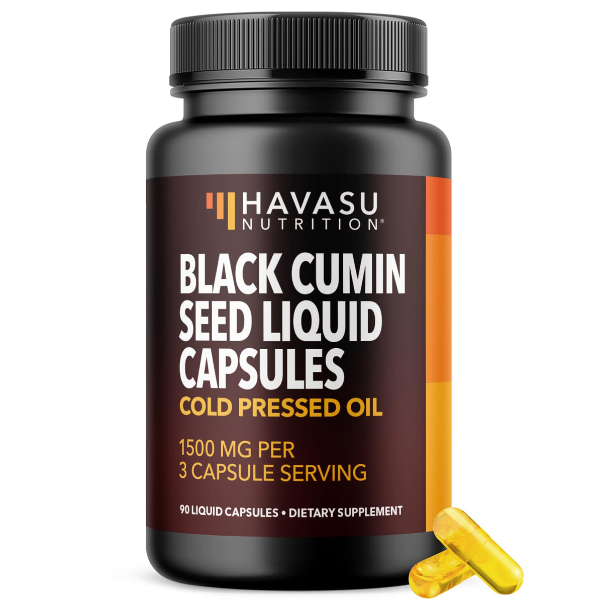 Cápsulas de HAVASU NUTRITION en bote, aceite de semilla negra para apoyo digestivo.