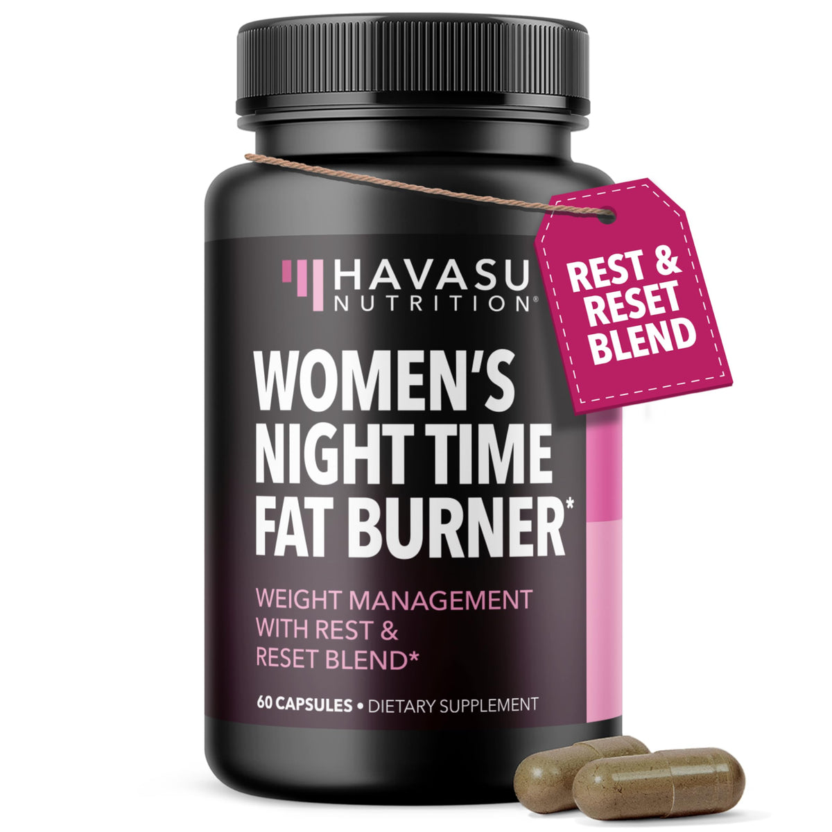 HAVASU NUTRITION botella y empaque nocturno para fácil identificación en la despensa