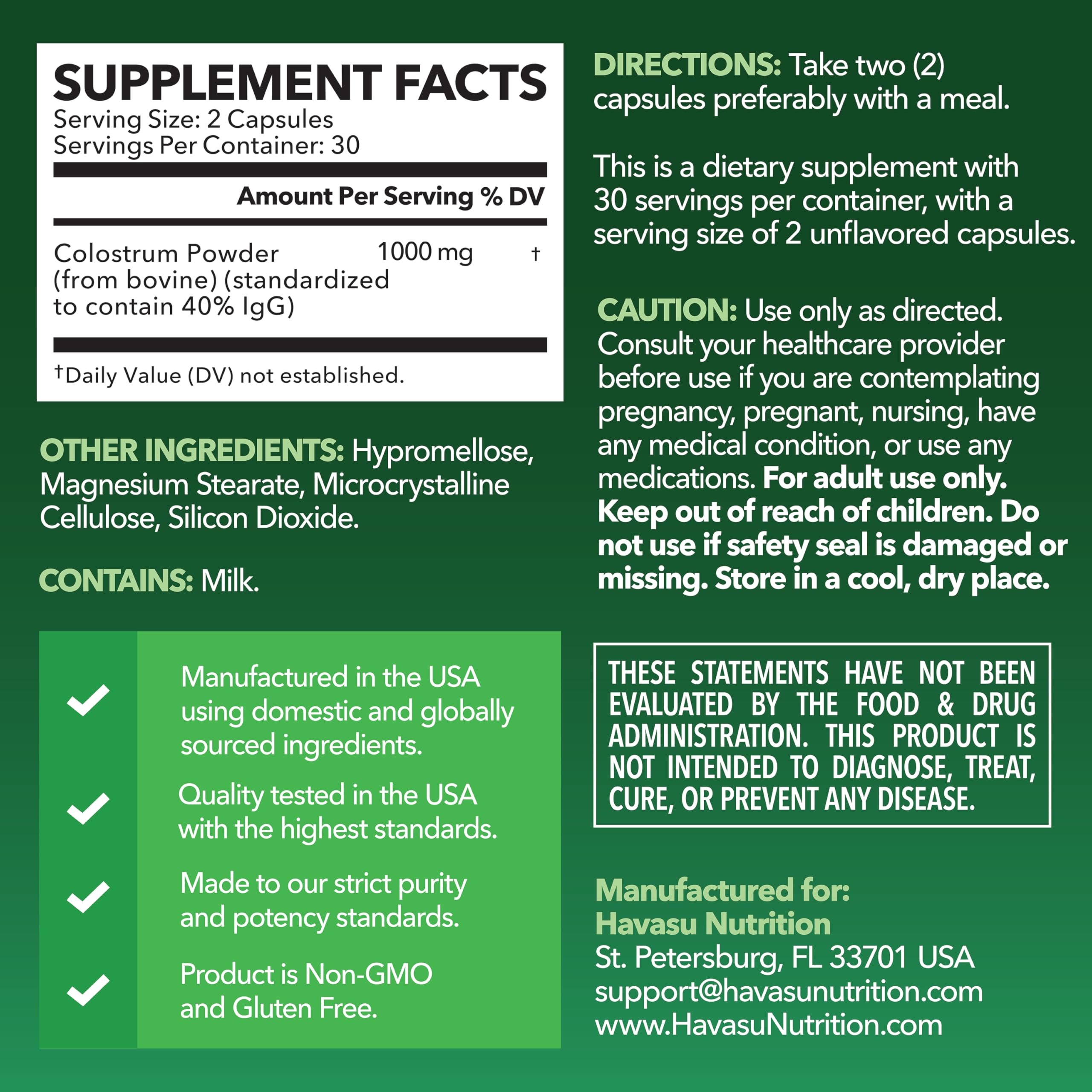 HAVASU NUTRITION cápsulas colostro 1000mg: inmunidad y salud intestinal.
