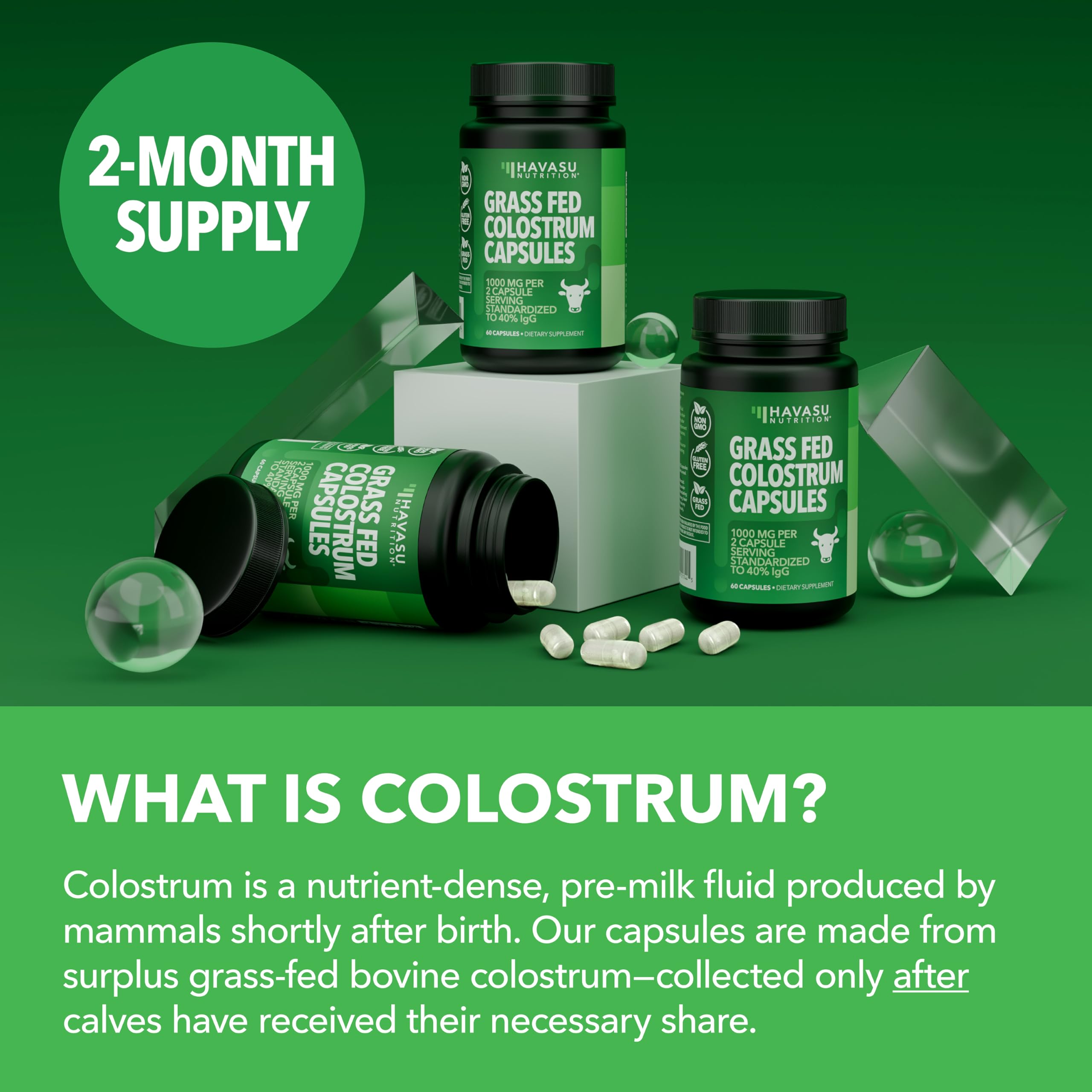 Empaque HAVASU NUTRITION Colostrum, detalle de presentación de 120 cápsulas