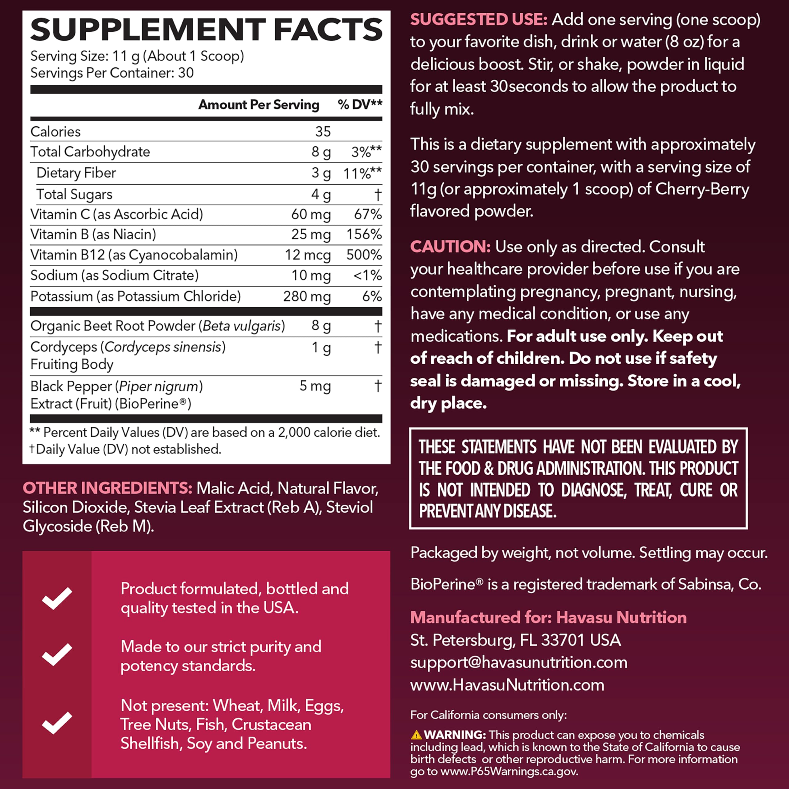 HAVASU NUTRITION cordyceps y B12 para apoyo energético