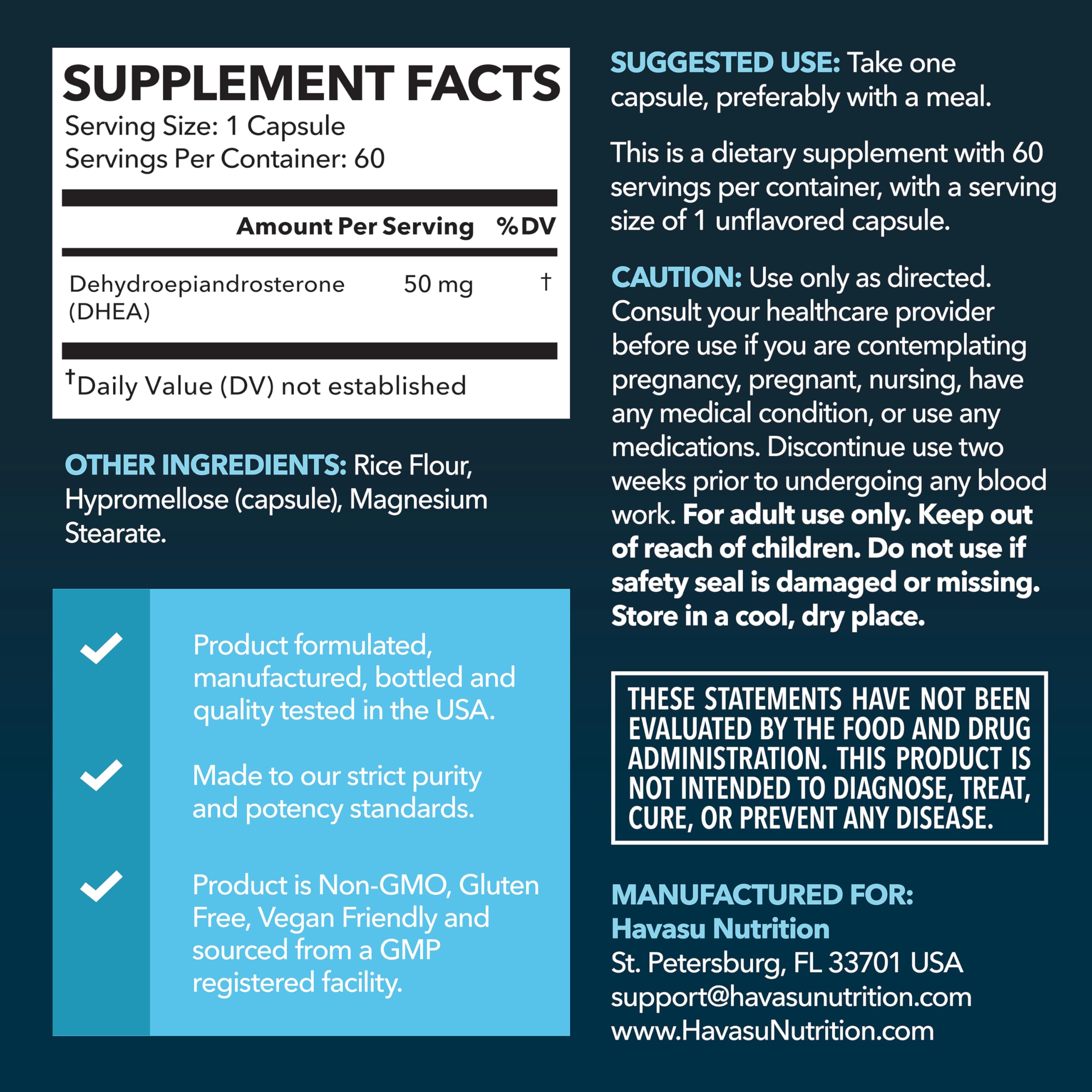 Primer plano de cápsulas DHEA 50 mg de HAVASU NUTRITION para una dosis diaria