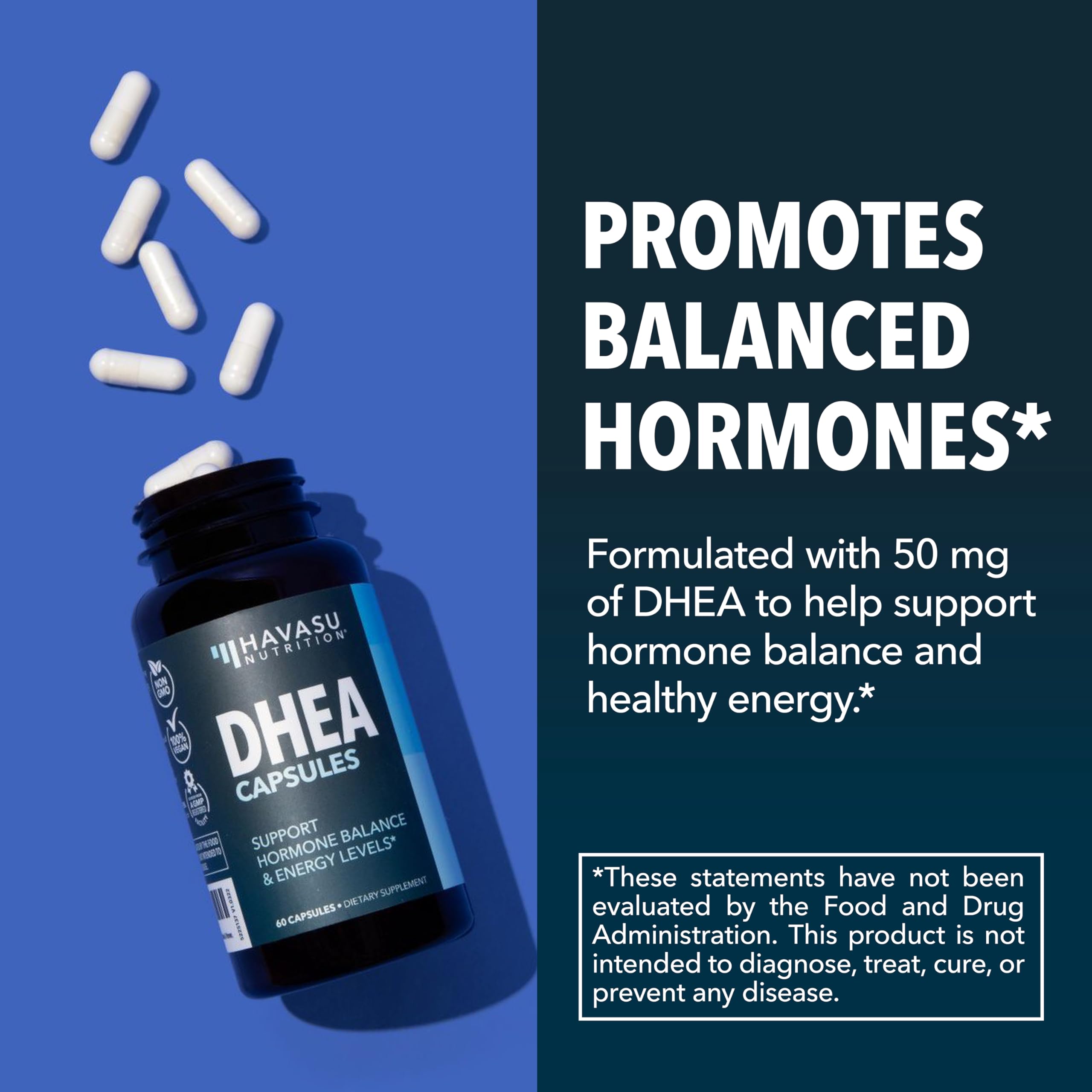 Etiqueta de HAVASU DHEA 50 mg con información clara y opciones veganas