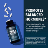 Etiqueta de HAVASU DHEA 50 mg con información clara y opciones veganas