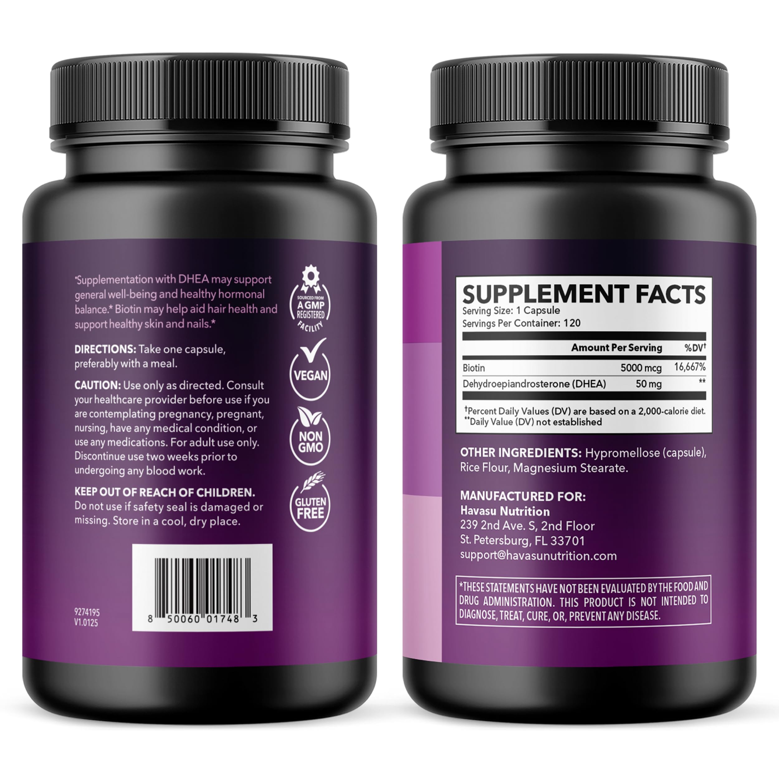 HAVASU NUTRITION DHEA con Biotina, presentación de 120 cápsulas
