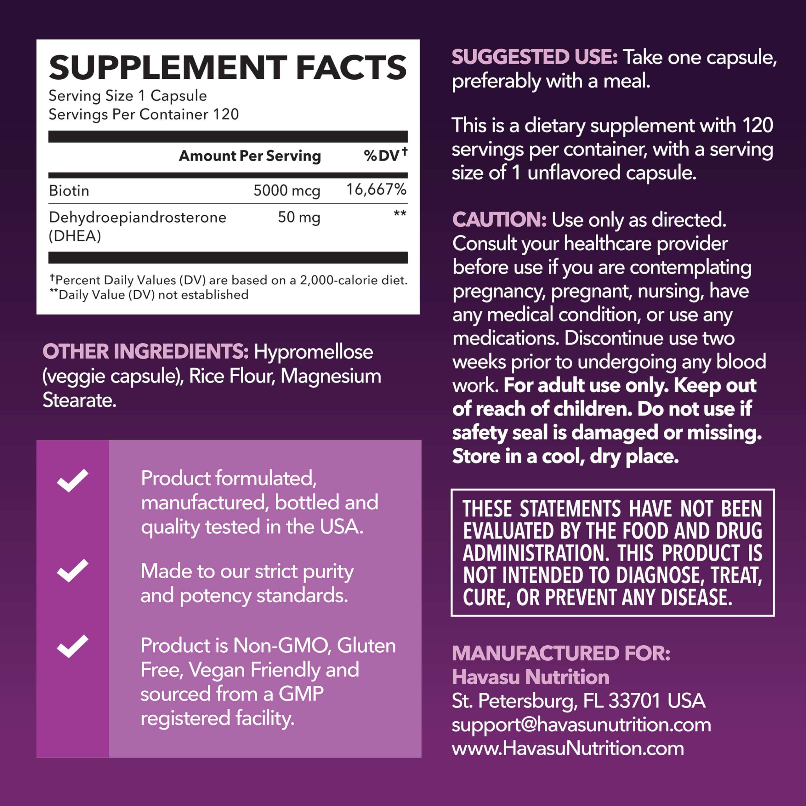 HAVASU NUTRITION DHEA con Biotina, cápsula para energía diaria