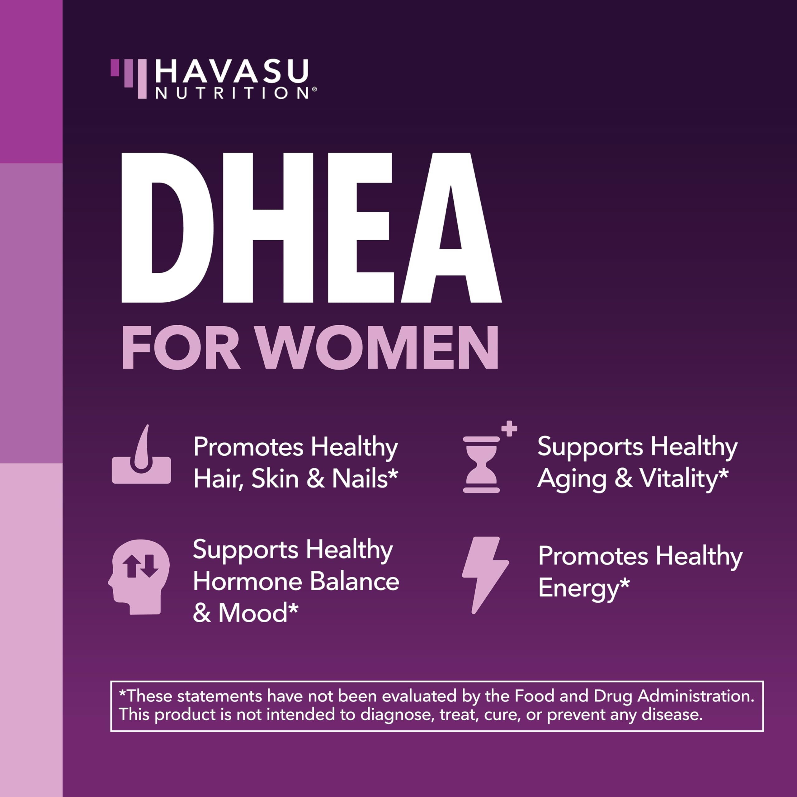 Etiqueta de HAVASU NUTRITION DHEA destacando biotina para cabello, piel y uñas