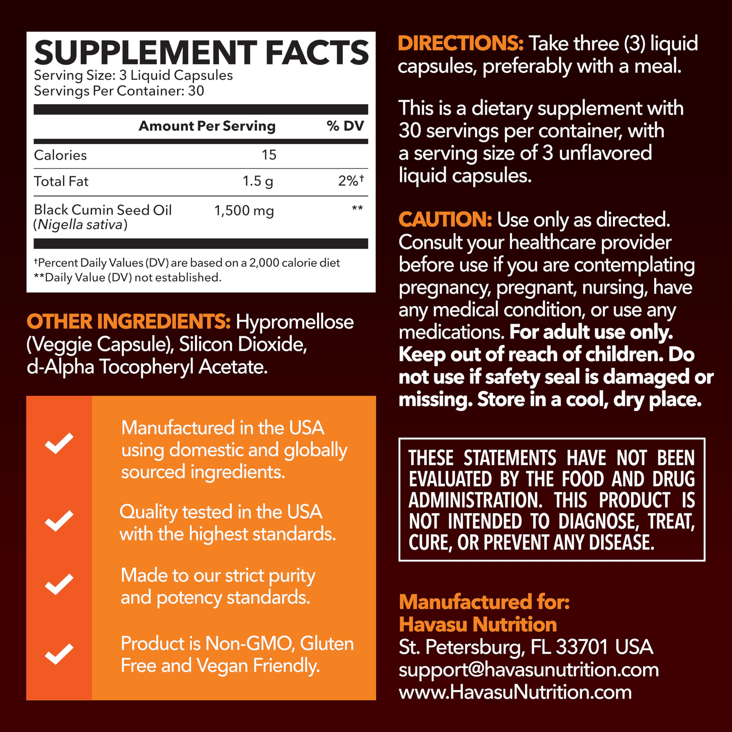 Etiqueta frontal de HAVASU NUTRITION destacando aceite de semilla negra para defensa natural.