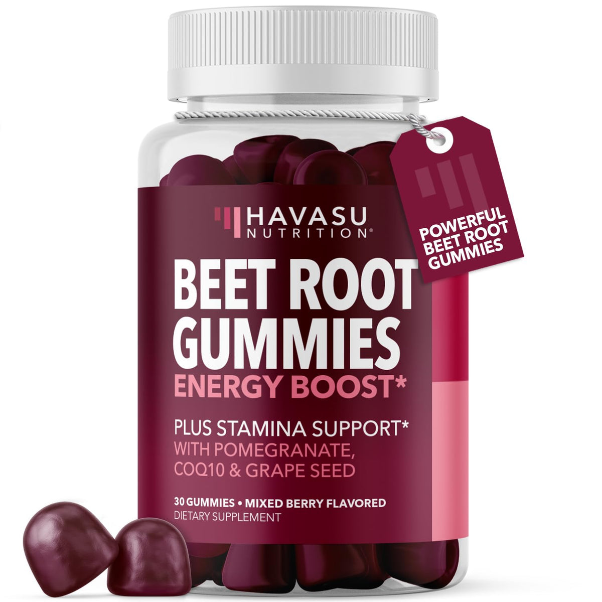 Gominolas HAVASU Nutrition de remolacha con COQ10 y granada para energía sostenida.