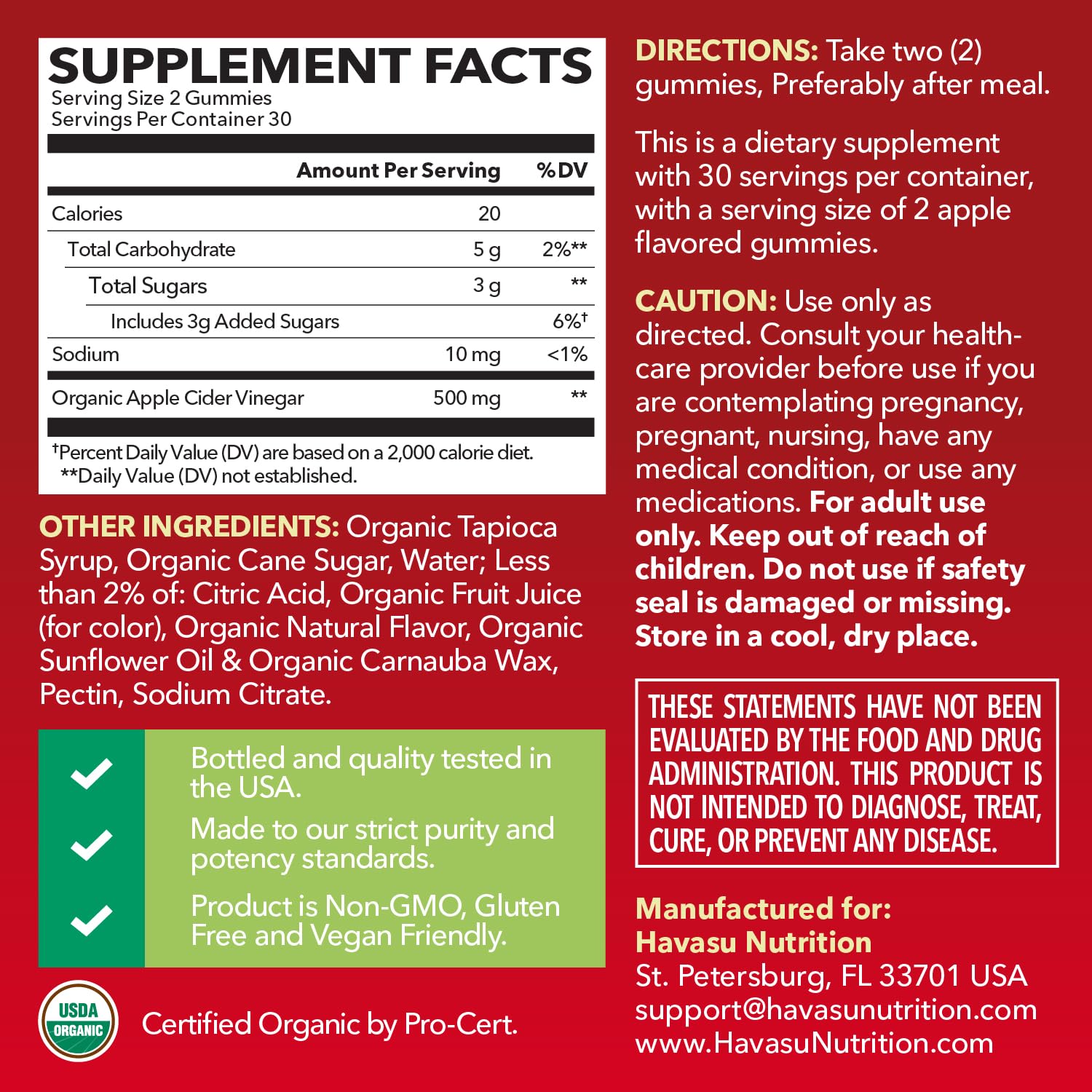 Gominolas de vinagre de manzana HAVASU NUTRITION con sabor agradable para la digestión diaria.