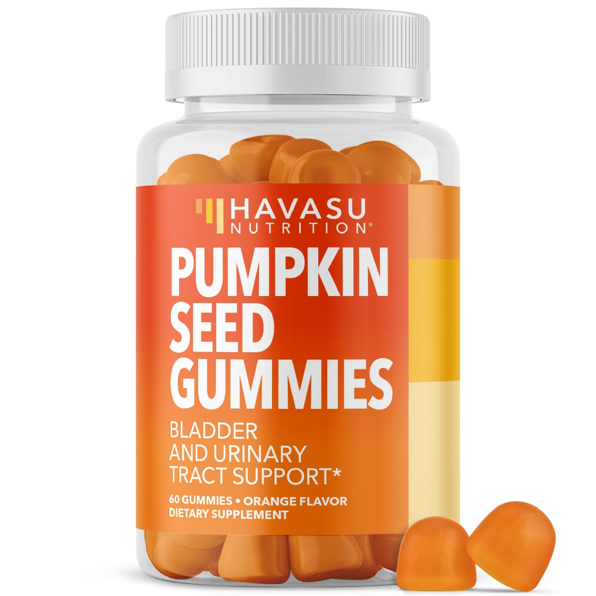 Gomitas HAVASU Nutrition con aceite de calabaza, frente, sabor naranja para la rutina diaria