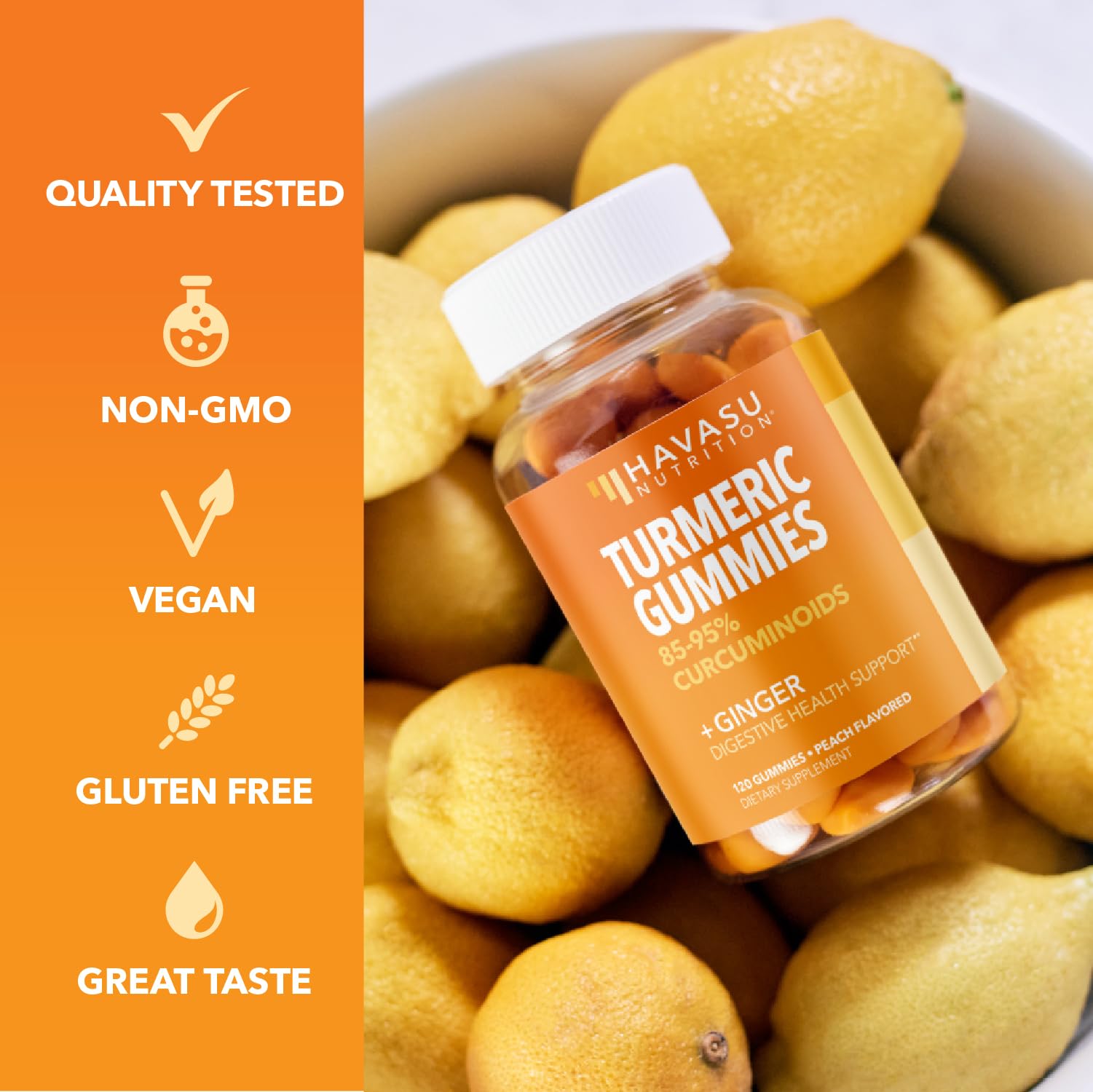 Gomitas sin OMG HAVASU NUTRITION curcuma-jengibre para apoyo diario.