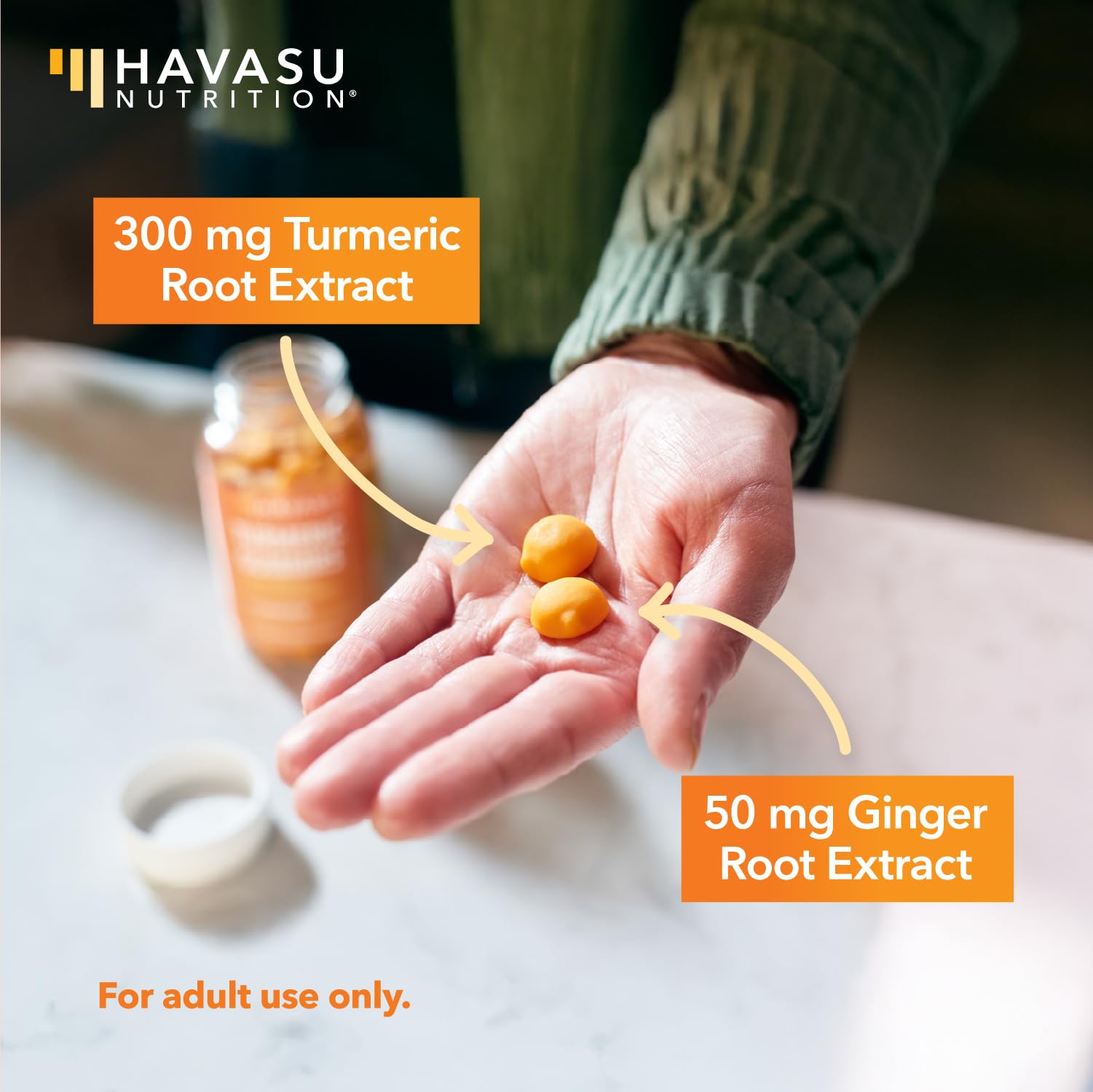 Textura suave de gomitas HAVASU NUTRITION curcuma-jengibre para consumo fácil.
