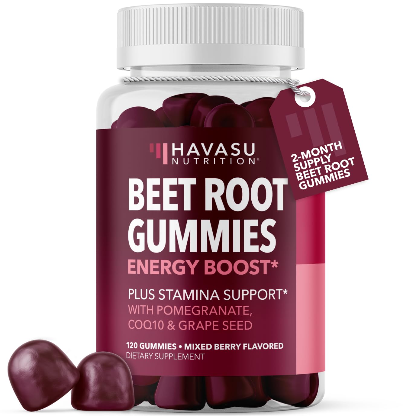 Gomitas HAVASU NUTRITION de remolacha con COQ10 y frambuesa para energía sostenida.