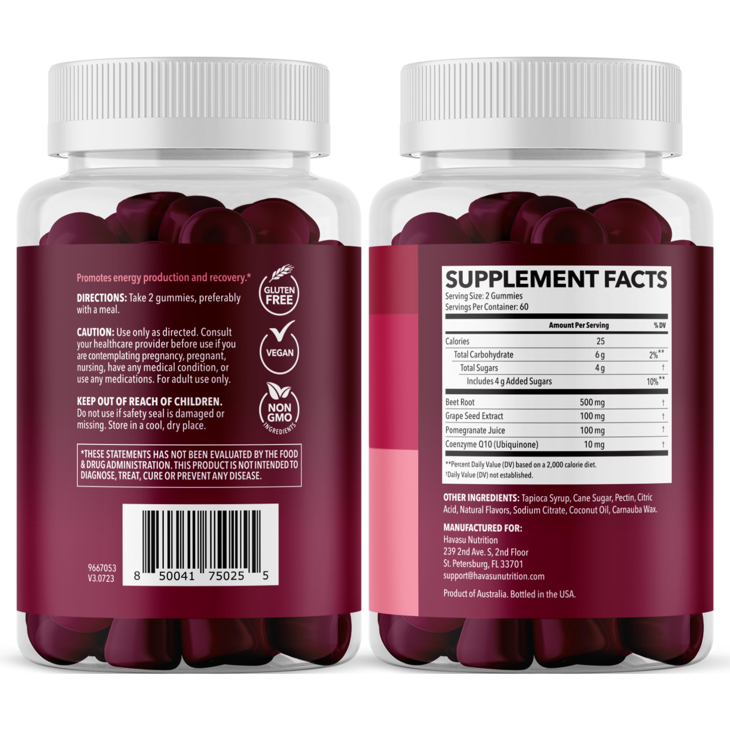 Gomitas HAVASU NUTRITION con agua, energía sostenida durante el día.