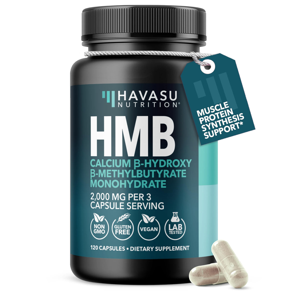 Botella de HAVASU NUTRITION HMB Cápsulas 2000mg para apoyar la recuperación muscular.
