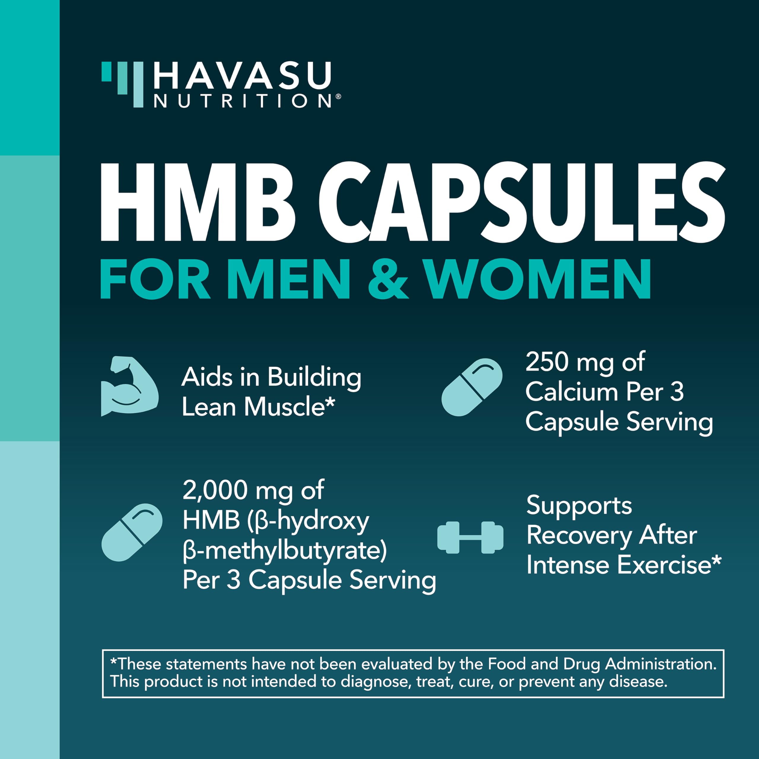 Etiqueta clara con dosis de 2,000 mg HMB y 250 mg calcio por porción.