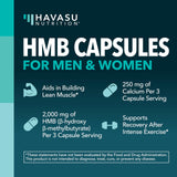 Etiqueta clara con dosis de 2,000 mg HMB y 250 mg calcio por porción.