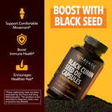 Ingredientes nigella sativa en cápsulas para nutrientes clave.
