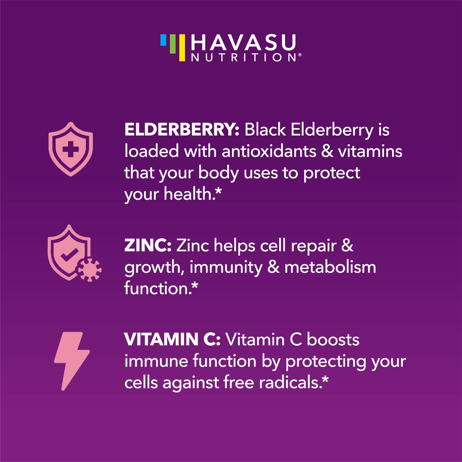 Etiqueta de Havasu Nutrition con zinc y vitamina C, nutrientes clave