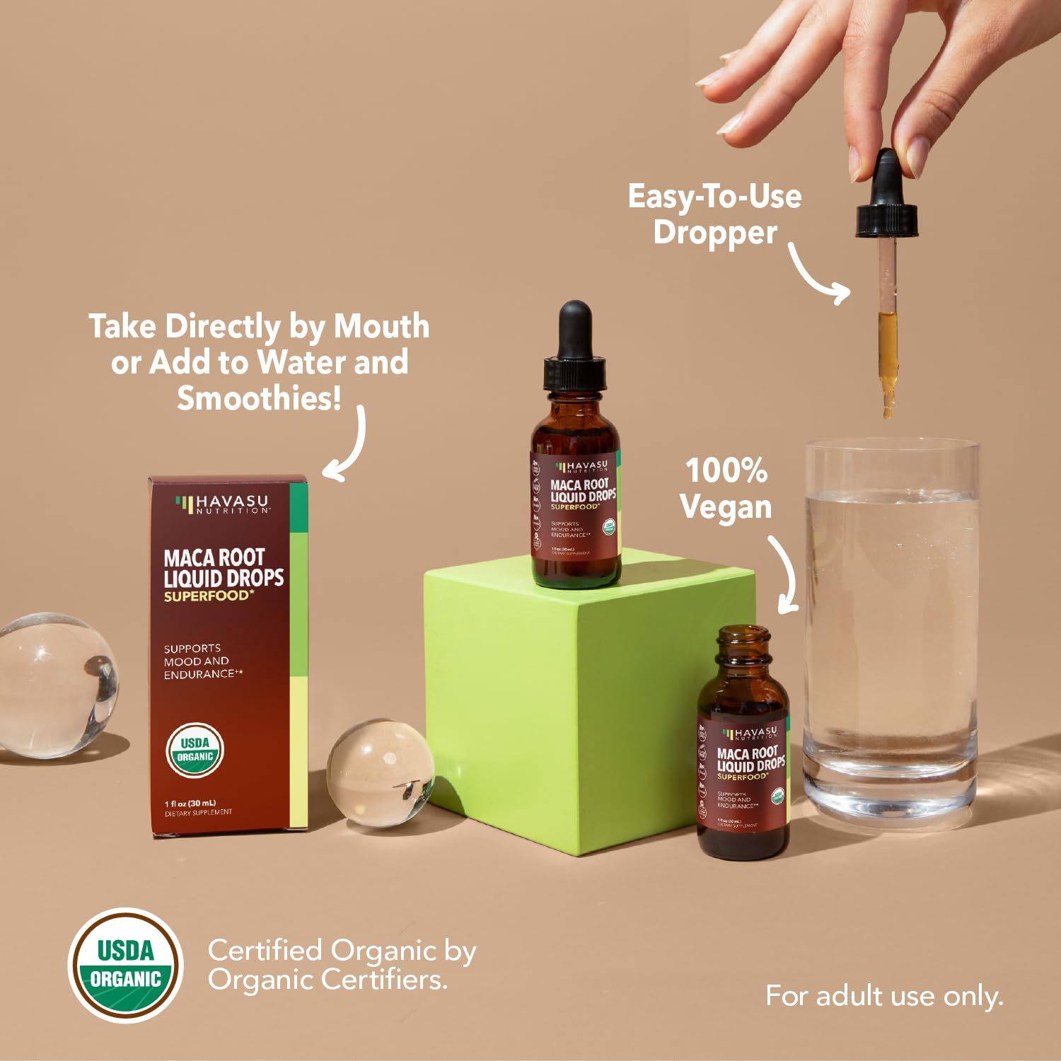HAVASU NUTRITION maca orgánica, caja externa visible para revisión de ingredientes.
