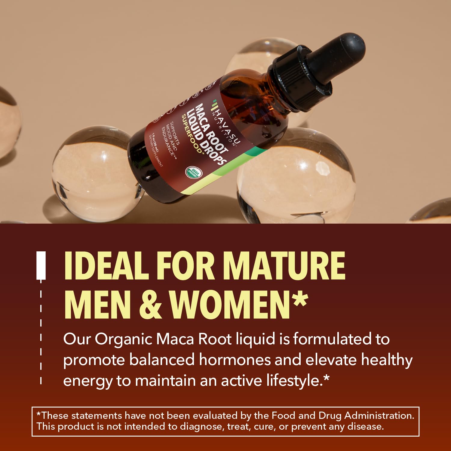 HAVASU NUTRITION maca orgánica, caja exterior, opción vegana y libre de OGM.