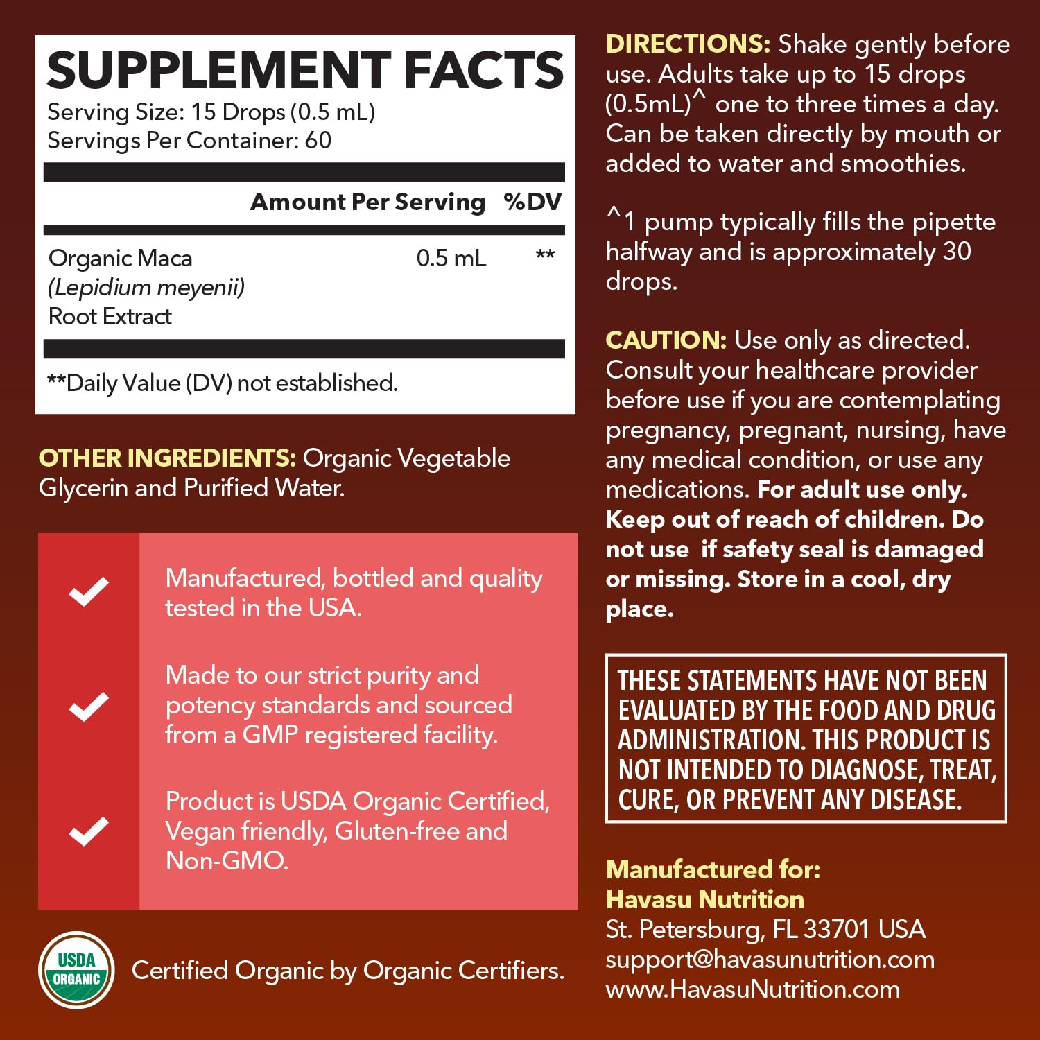 HAVASU NUTRITION maca orgánica, etiqueta frontal, información clara.