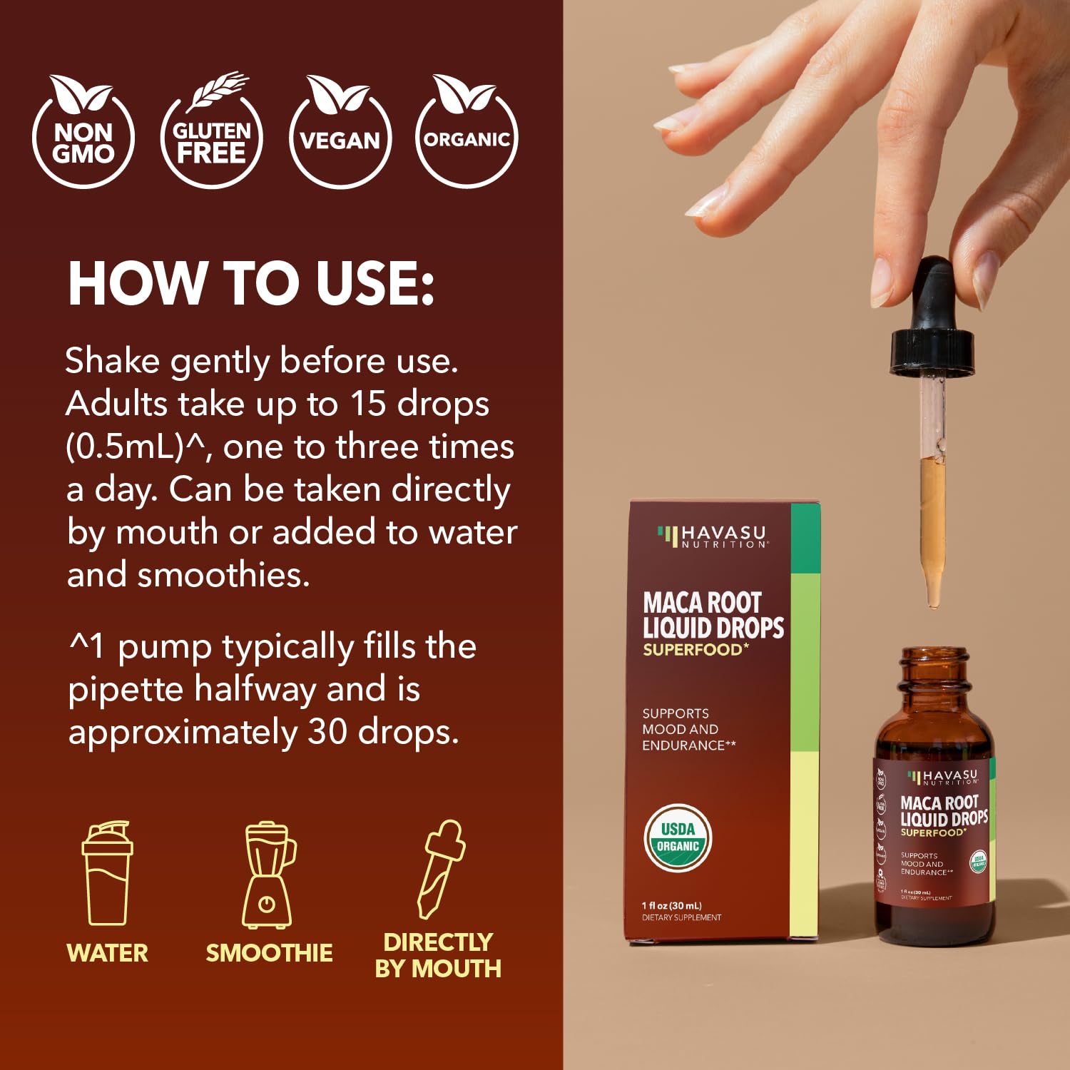 HAVASU NUTRITION maca orgánica, etiqueta sin sabor, fácil de mezclar.