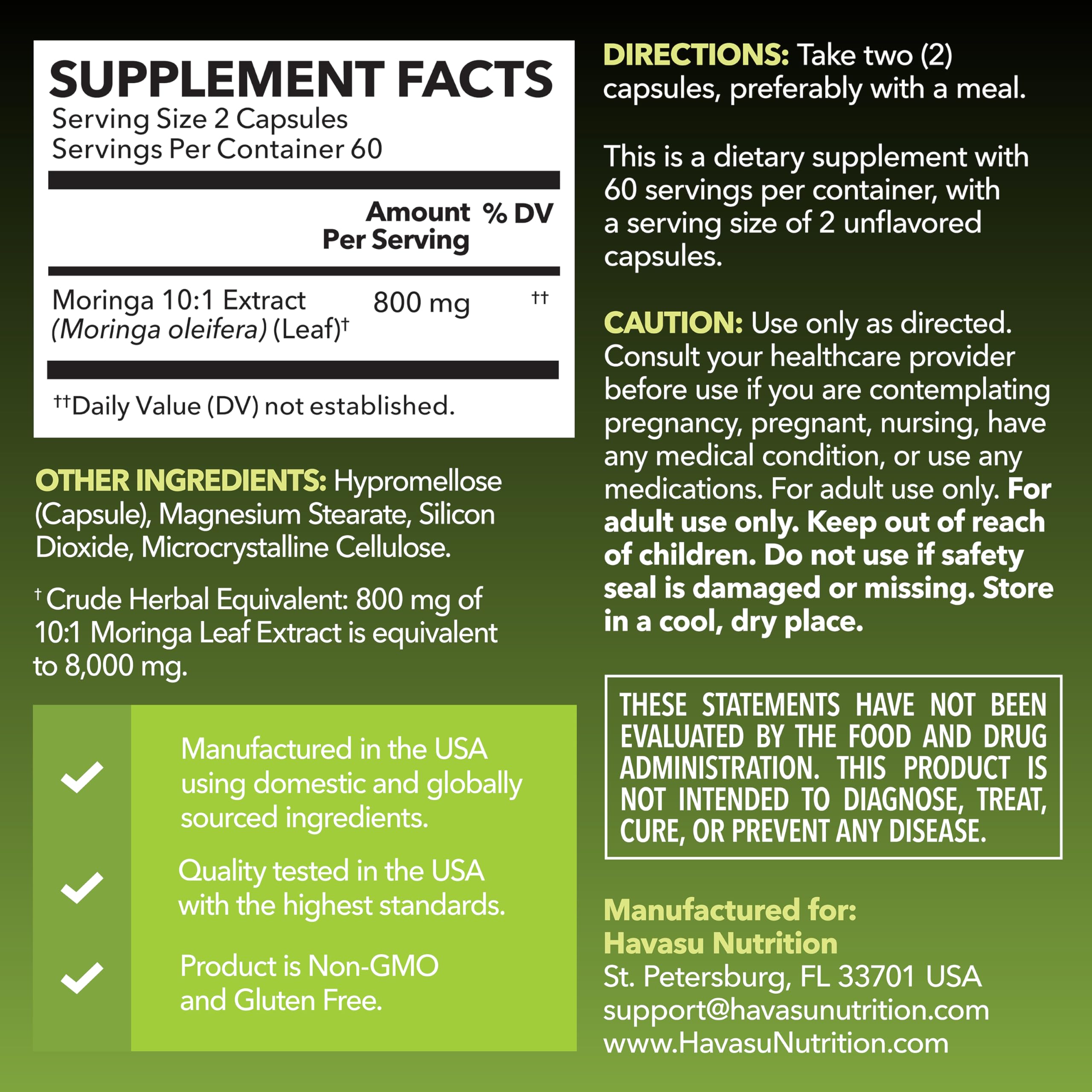 HAVASU NUTRITION Moringa extracto de hoja en cápsulas para nutrición diaria