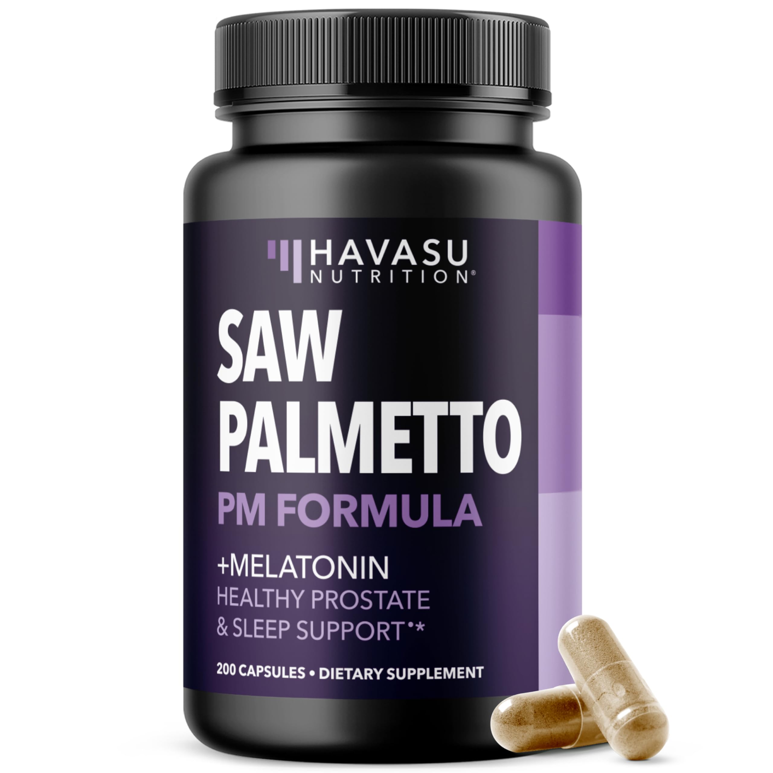 HAVASU Nutrition Palmetto PM botella de cápsulas para descanso nocturno y salud prostática