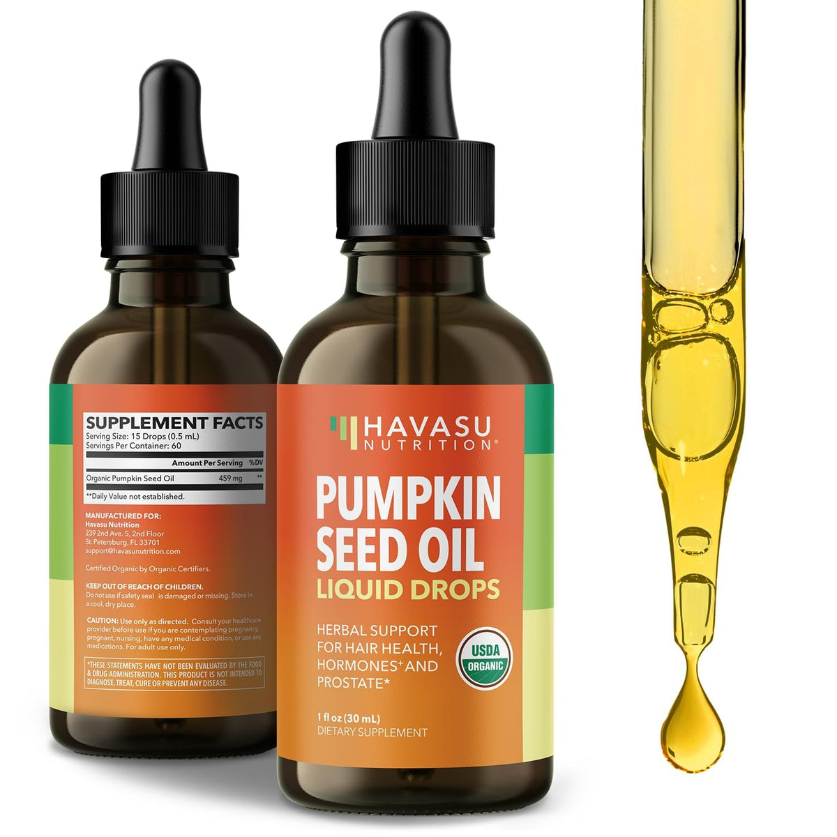 HAVASU NUTRITION Pumpkin Seed Oil, botella transparente, uso directo para bienestar diario.