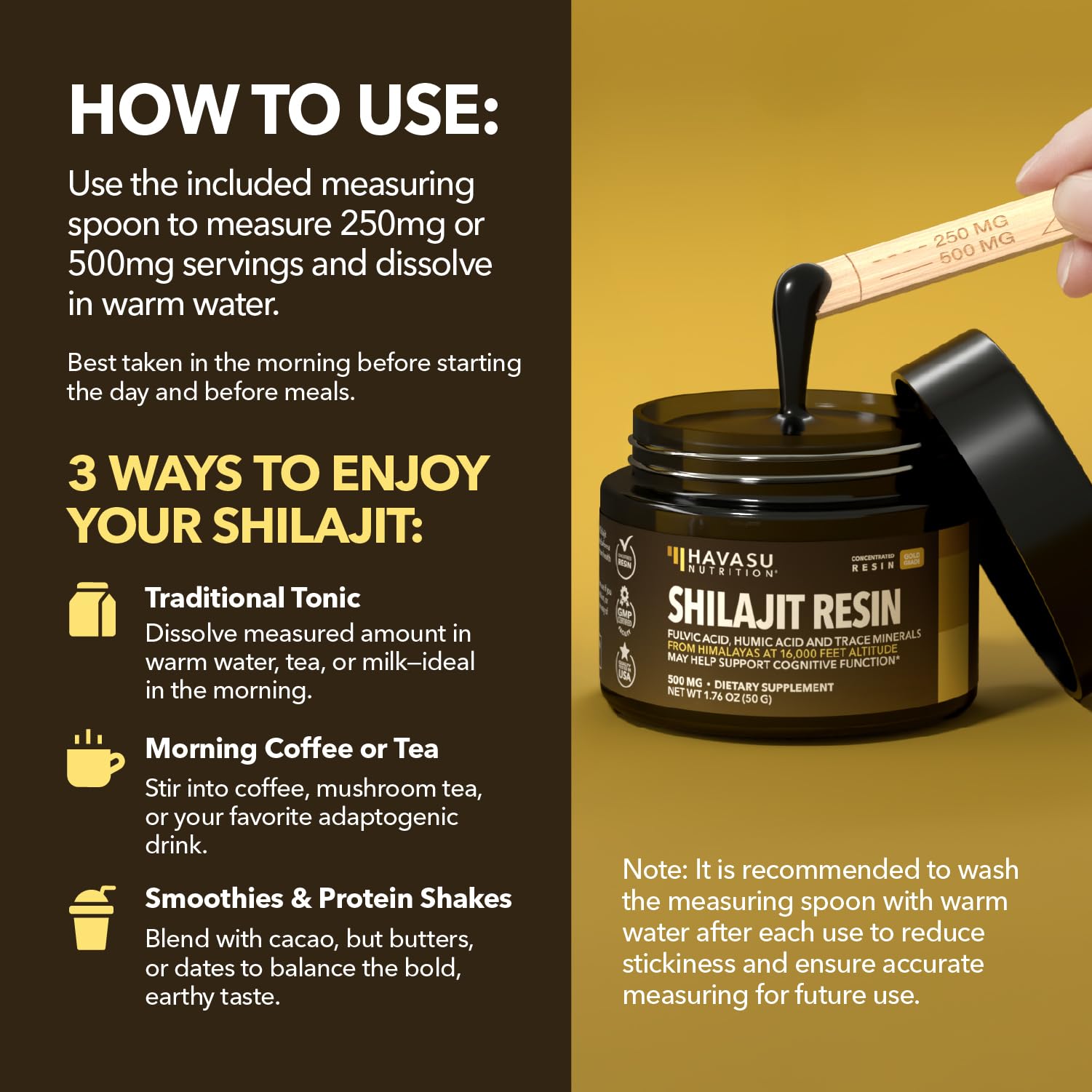 Ritual diario con HAVASU Shilajit para posible vitalidad sostenida.