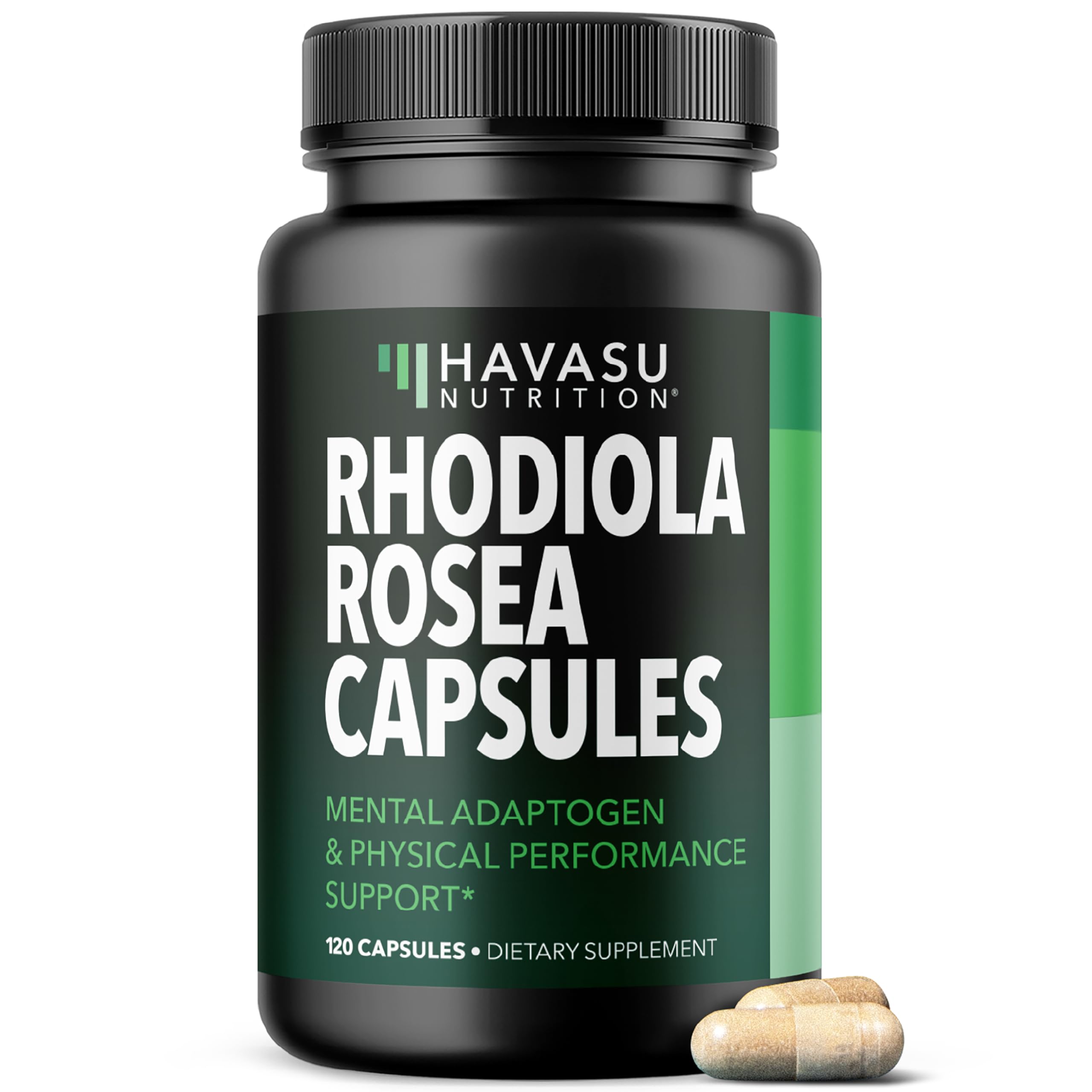 Producto HAVASU Rhodiola Rosea, cápsulas en bote para energía sostenida y enfoque diario.