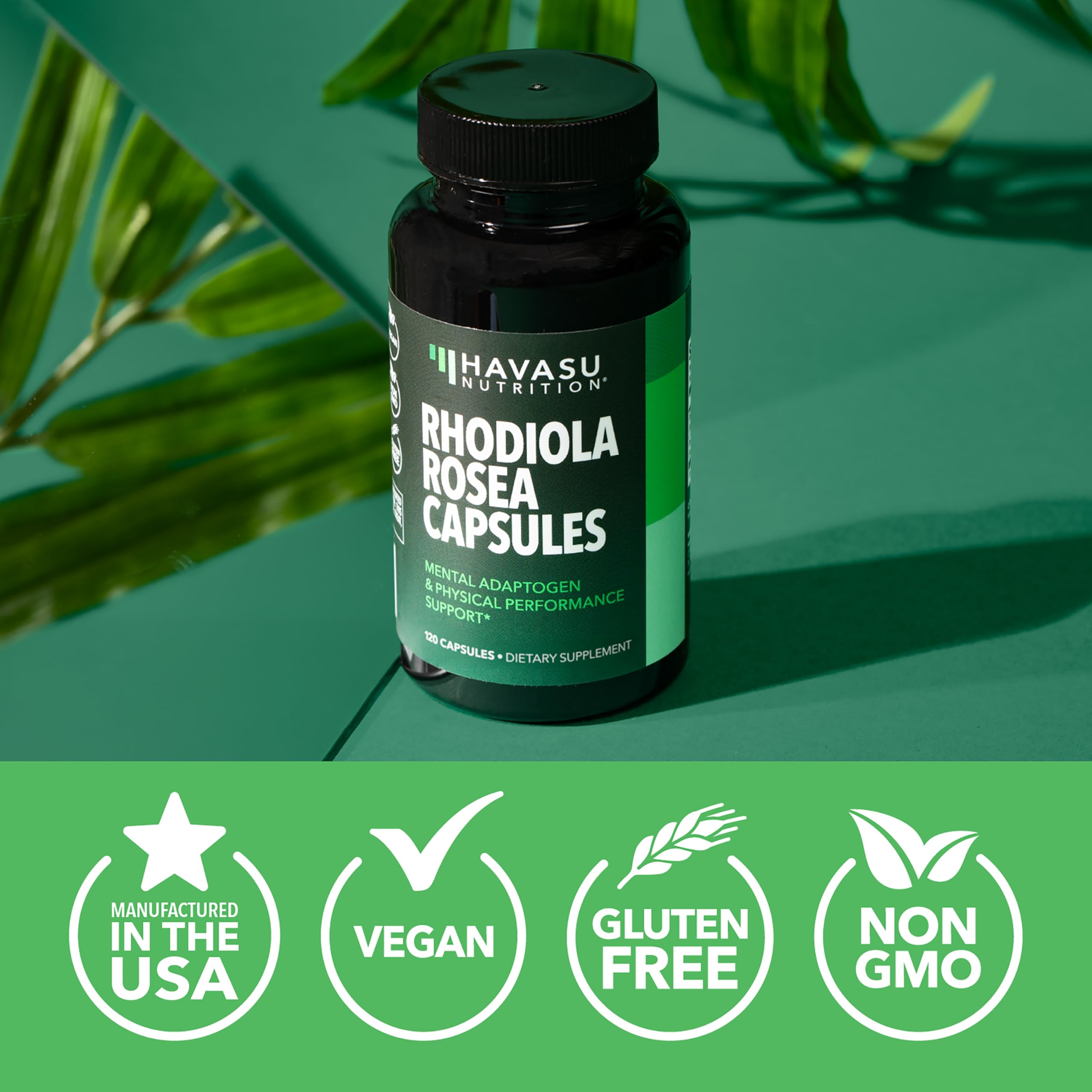 Etiqueta vegana y sin gluten de HAVASU Rhodiola Rosea.