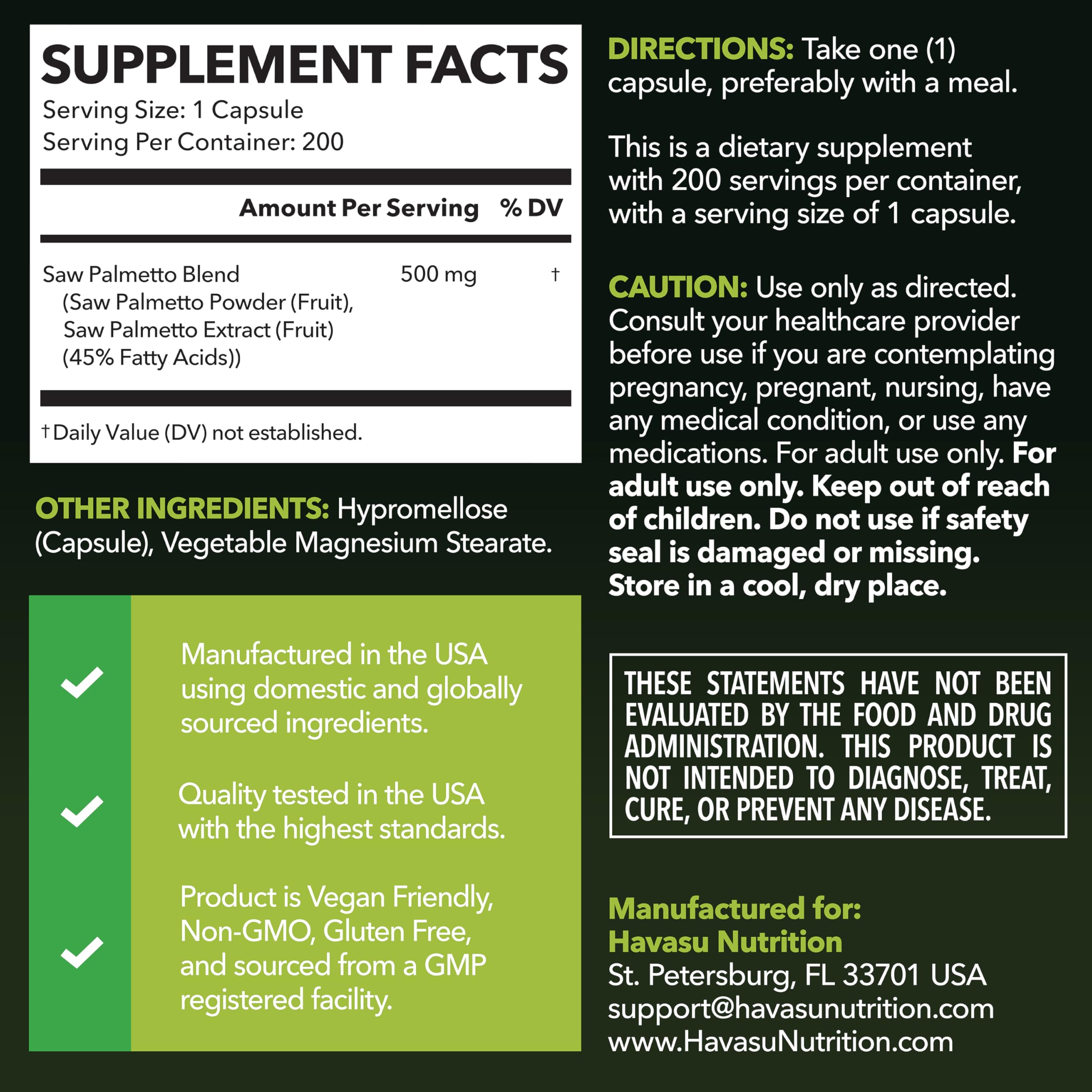 Havasu Nutrition Saw Palmetto botella: formato práctico para uso diario.