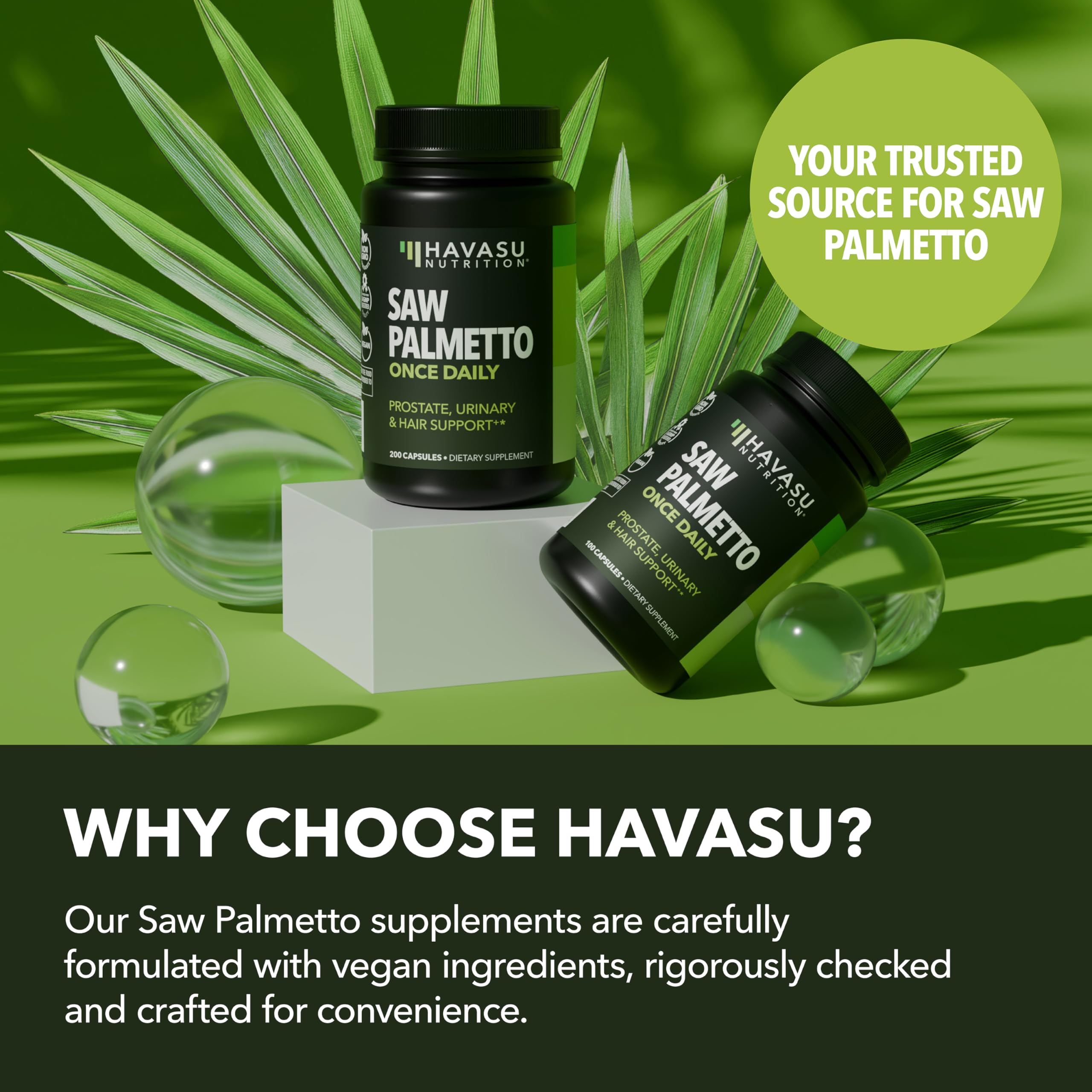 Cápsulas de Havasu Saw Palmetto alineadas para función urinaria suave.