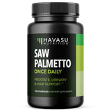Havasu Nutrition Saw Palmetto cápsulas, botella en primer plano, posible apoyo a la salud prostática.