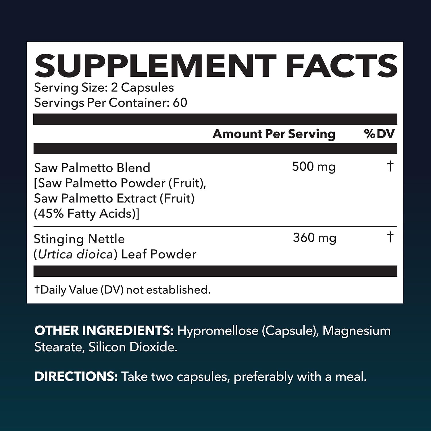 HAVASU NUTRITION Saw Palmetto Ortiga cápsulas, bote trasero, información de ingredientes clara.