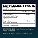 HAVASU NUTRITION Saw Palmetto Ortiga cápsulas, bote trasero, información de ingredientes clara.