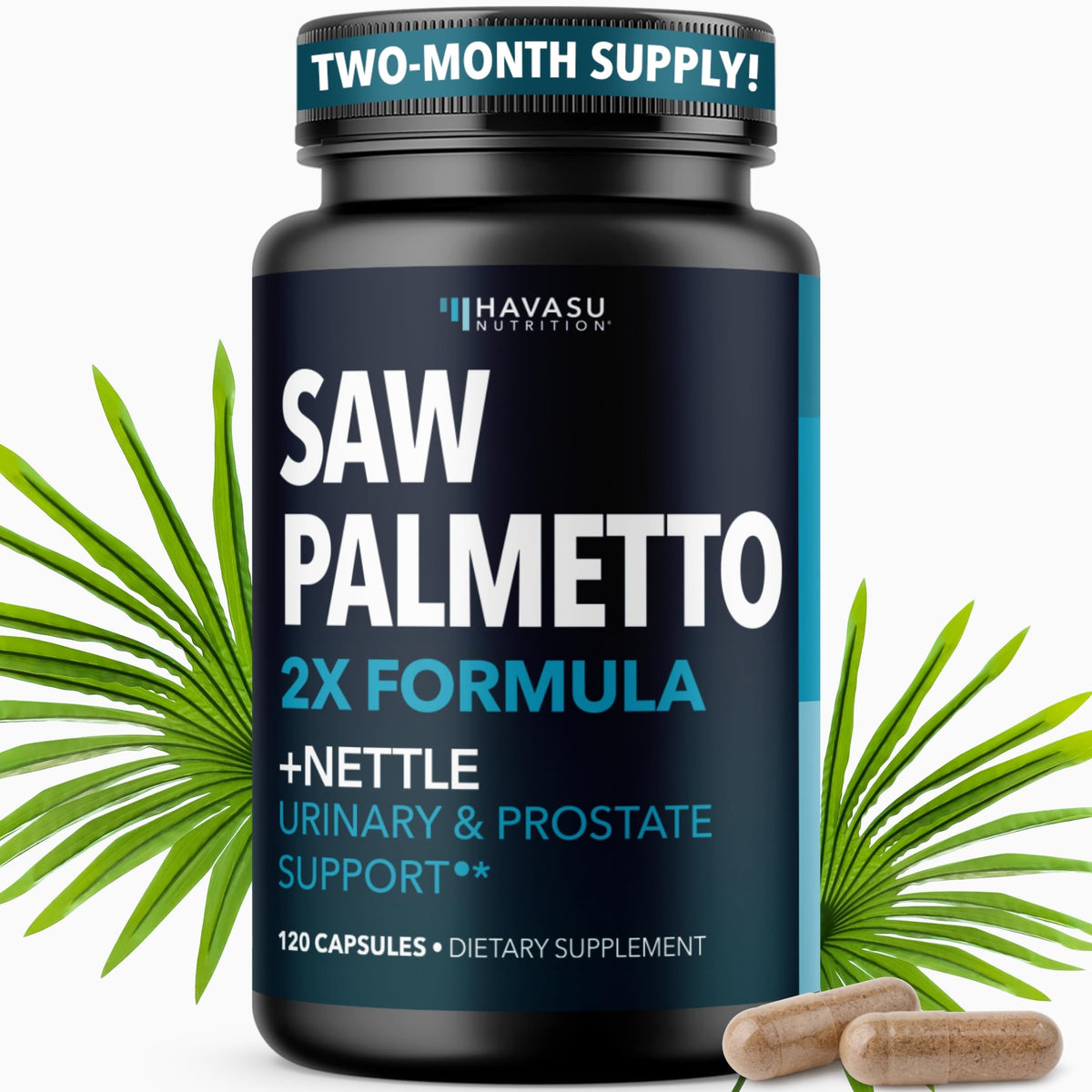 HAVASU NUTRITION Saw Palmetto Ortiga cápsulas, bote frontal, ideal para uso diario.