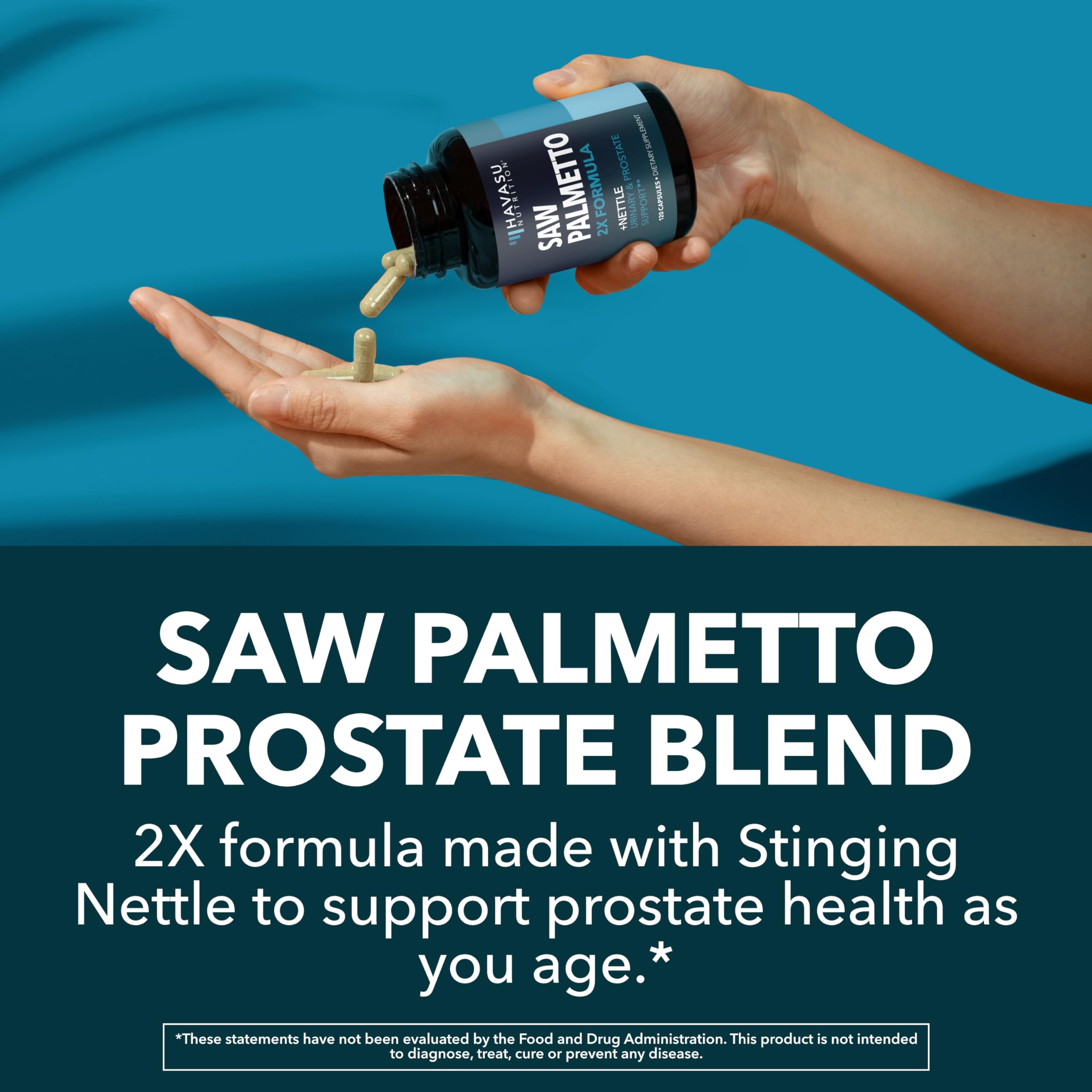 Cápsulas HAVASU NUTRITION Saw Palmetto Ortiga en la mano, toma fácil para la rutina diaria.
