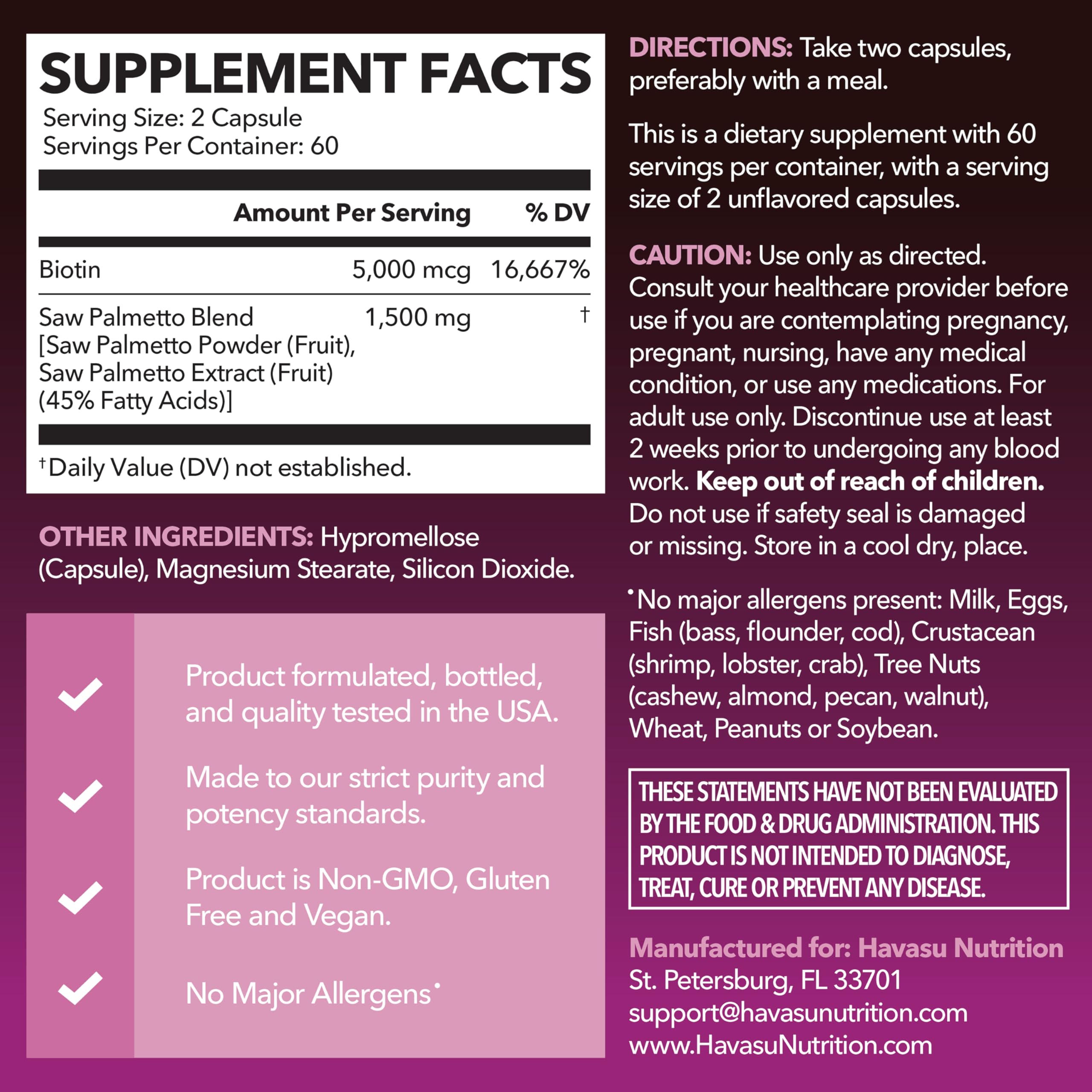 Havasu Nutrition Saw Palmetto, cápsulas de biotina, apoyo a cabello, piel y uñas.