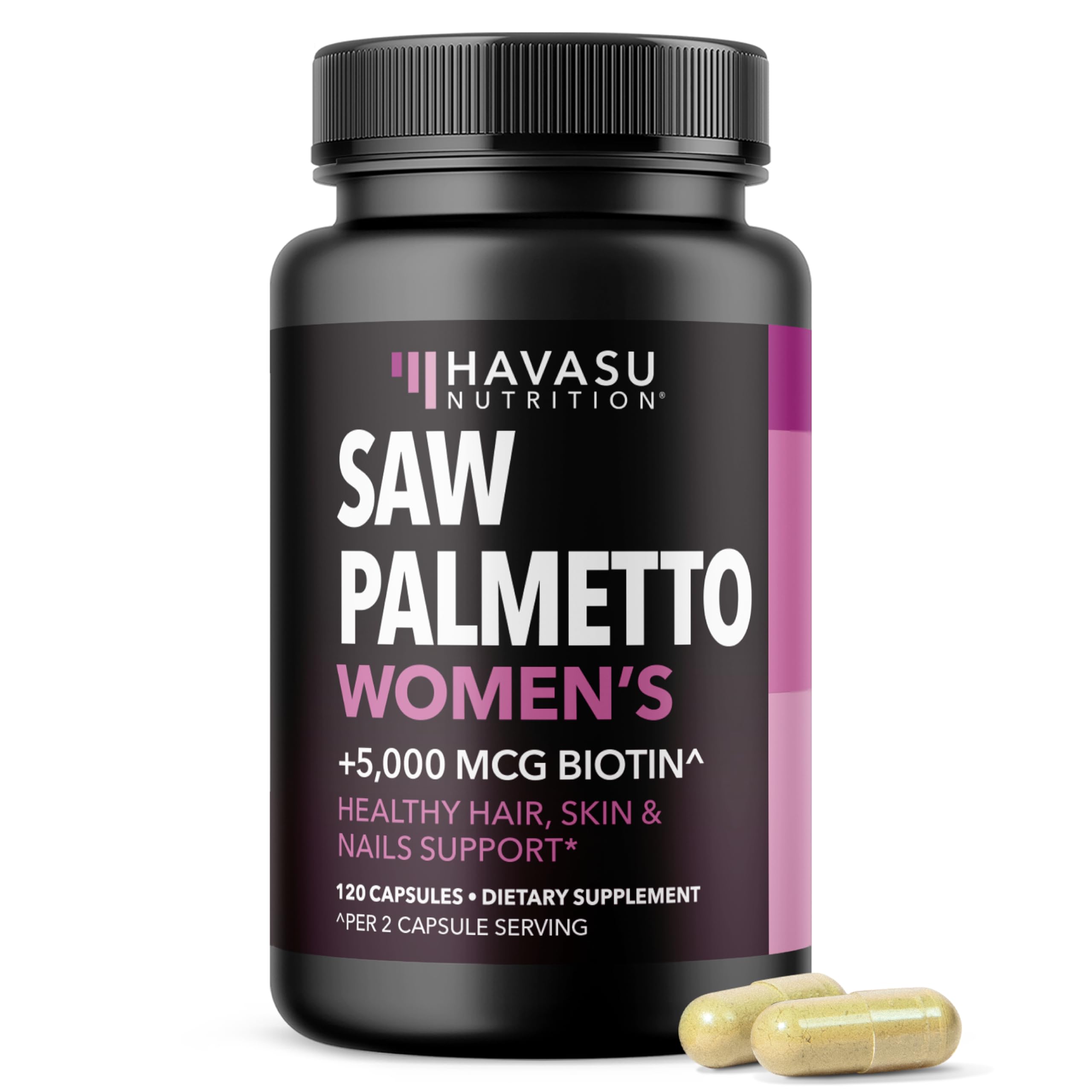 Havasu Nutrition Saw Palmetto cápsulas, frasco para cabello saludable y piel radiante.