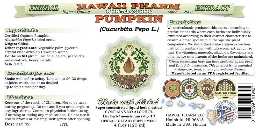 Hawaii Pharm Calabaza Semilla Glicerito, etiqueta, información clara y útil.