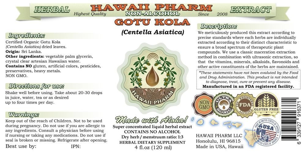 Etiqueta frontal de Hawaii Pharm Gotu Kola para fácil identificación.